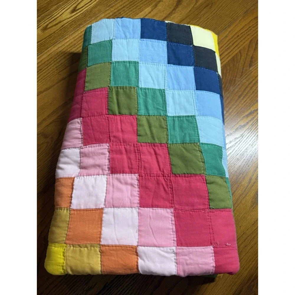 Vintage Diamond Trip Around The World Patchwork Quilt Handmade Rainbow